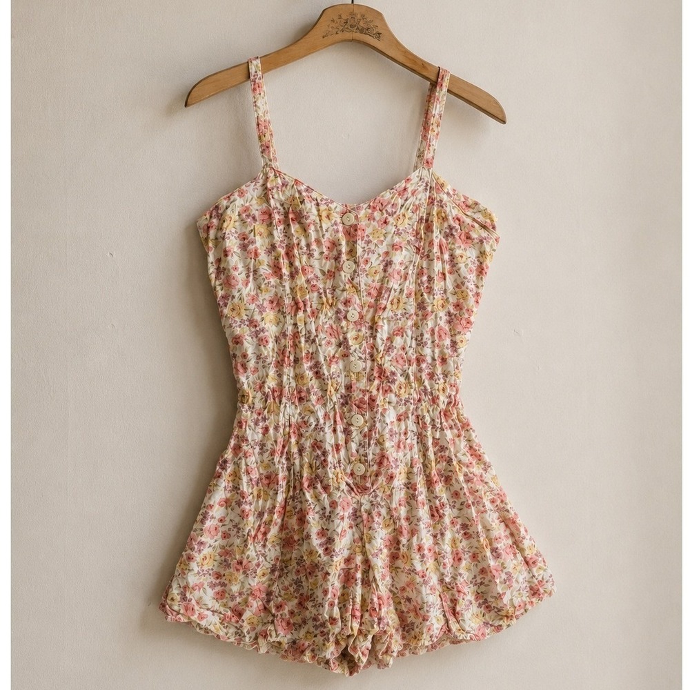 Vintage Floral Button Romper Sleeveless Pink Cream Handmade Cottagecore Small